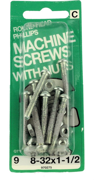 (12 Pack) 8-32 x 1-1/2" Round Head Machine Screws with Nuts - 9 Pack