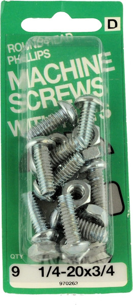 (12 Pack) 1/4- 20x3/4" Round Head Machine Screws with Nuts - 9 Pack
