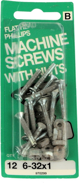 (12 Pack) #6-32 x1" Flat Head Machine Screws with Nuts - 12 Pack