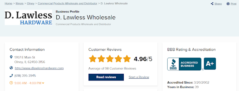 Our Better Business Bureau Rating