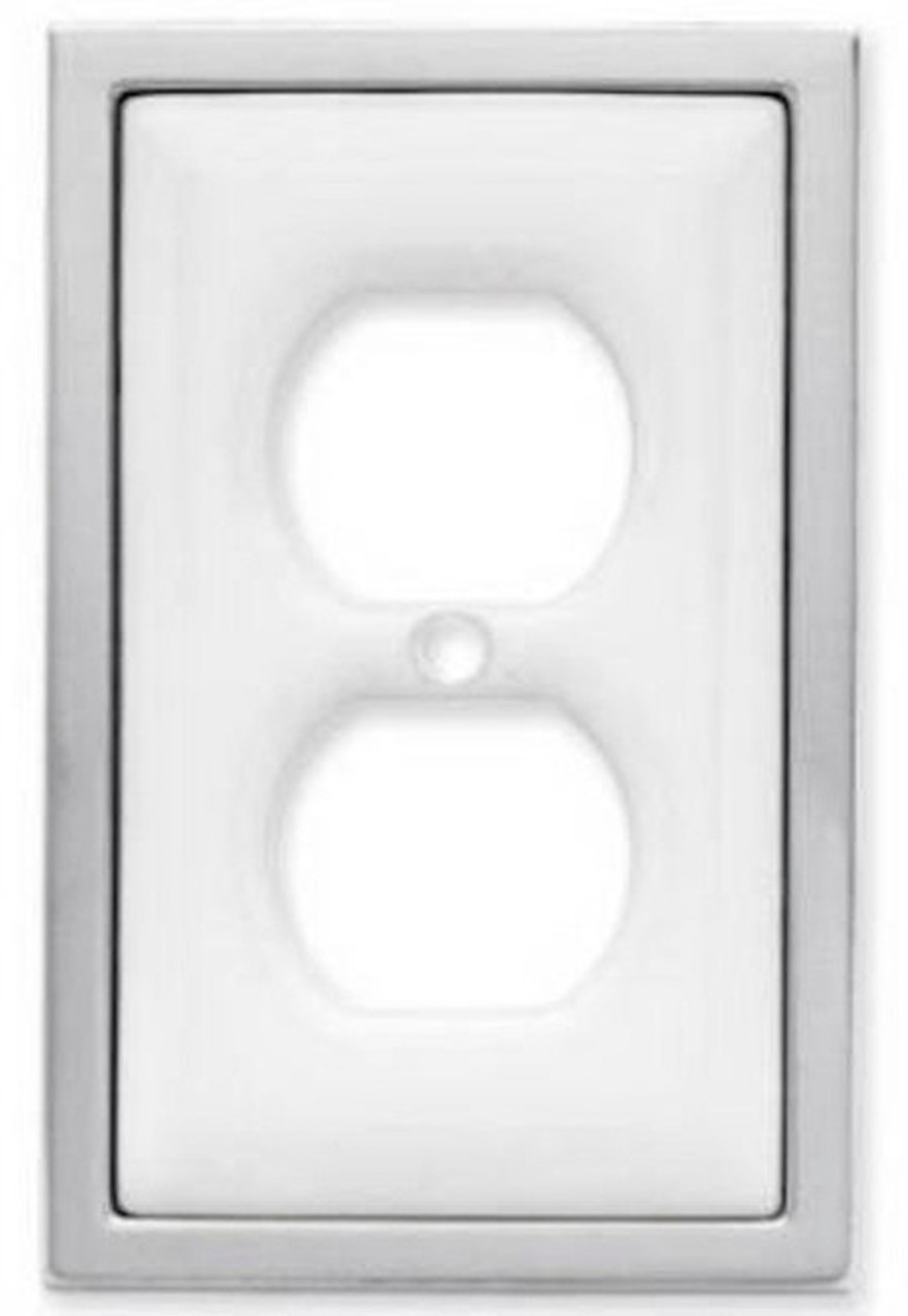 Single Duplex Outlet Wall Plate White Ceramic with Chrome