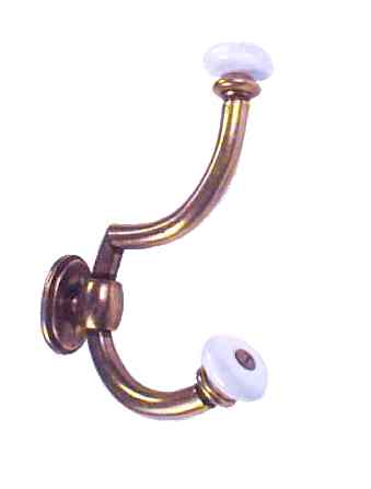 Coat Hook Ceramic Ends Two Prong Antique Brass - Back Mount H23-P2241AB