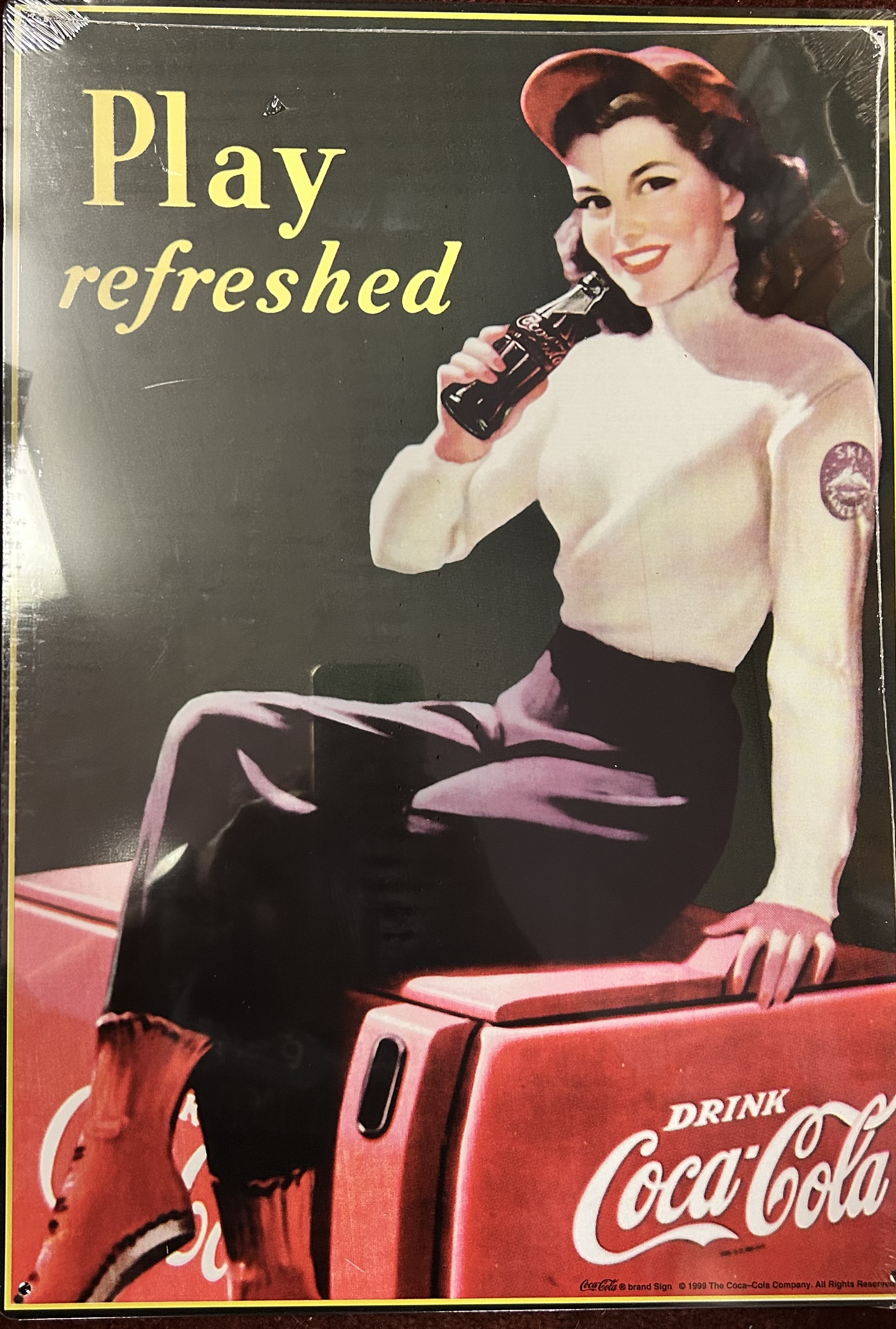 Coke Lady Sitting on Old Coca Cola Machine Rectangle Advertising