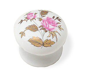 1-3/8" Ceramic Knob White with Gold and Roses