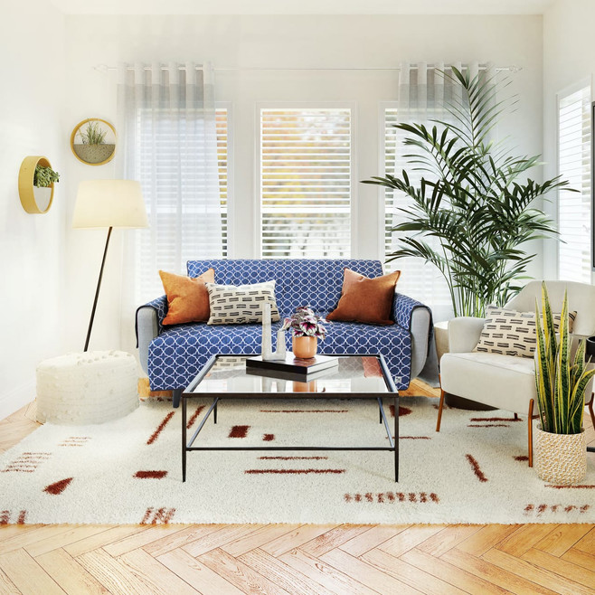 blue couch cover in a bright room