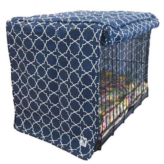 blue and white dog crate cover