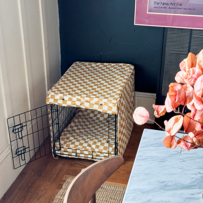 dog crate in a dining room