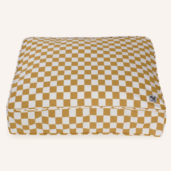 brown checkered dog bed
