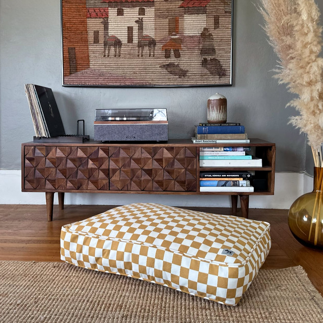 brown checkered dog bed