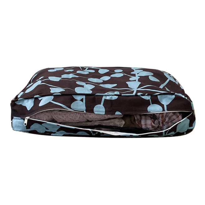 brown and blue dog bed cover