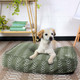 dog sitting on a green dog bed