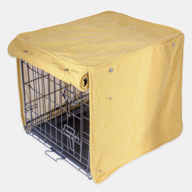 Image showcasing Yellow Breathable 100% Cotton Dog Crate Cover - Durable, Darkening, Non ...