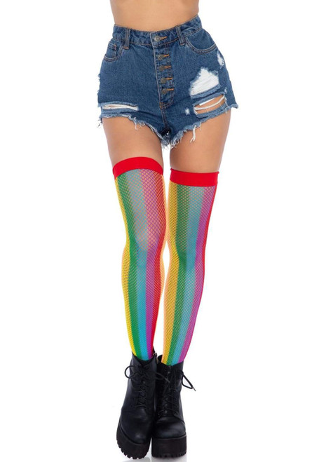 Vertical Rainbow Stripes Fishnet Thigh Highs