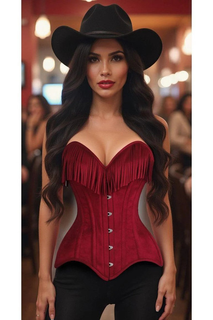 Daisy Corsets Red Suede Corset with Fringe