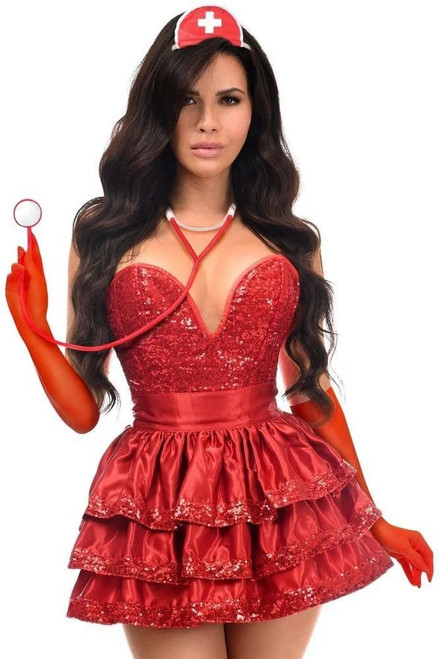 Daisy Corsets 5 Piece Red Sequin Nurse Corset Costume Daisy Corsets 5 Piece Red Sequin Nurse Corset Costume