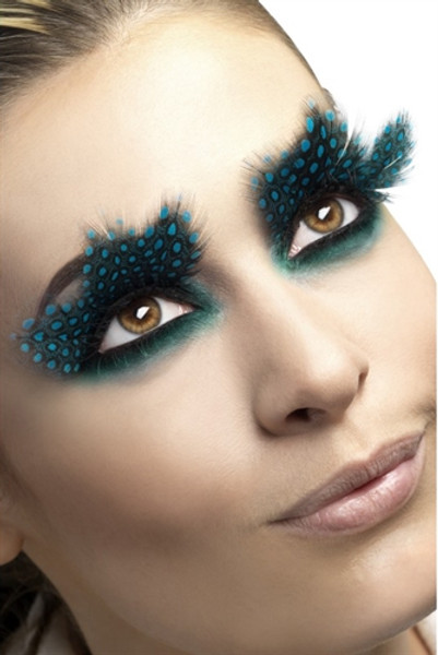 Large Black Feather Eyelashes with Aqua Colored Dots
