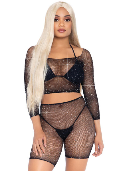 Black Rhinestone Fishnet Crop Top and Biker Shorts Set by Leg Avenue