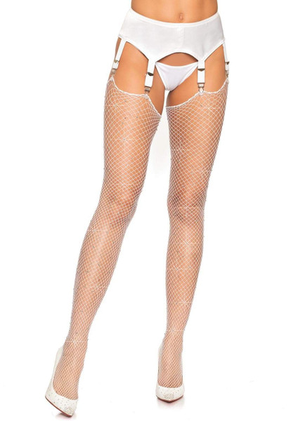 White Rhinestone Fishnet Thigh High Stockings by Leg Avenue