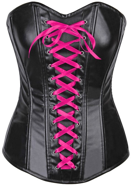 Black Lavish Wet Look Faux Leather Pink Lace Up Corset by Daisy Corsets