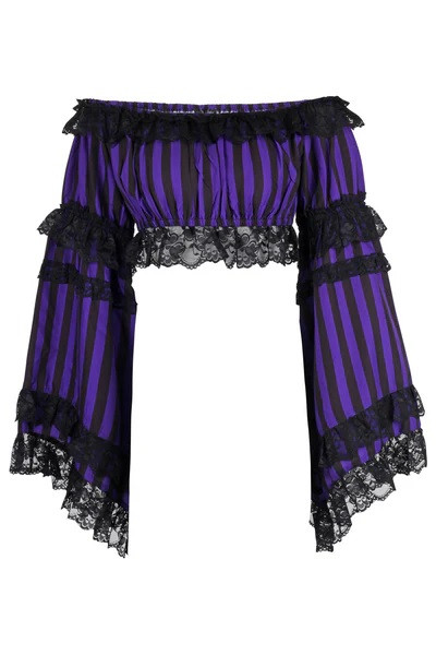 Purple and Black Striped Smocked Flare Sleeve Peasant Top by Daisy Corsets