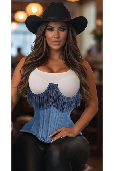 Daisy Corsets Blue Denim Under Bust Cincher Corset with Fringe