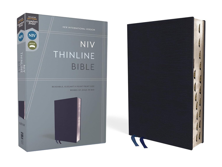 NIV, Thinline Bible, Bonded Leather, Navy, Red Letter, Thumb Index, Comfort Print