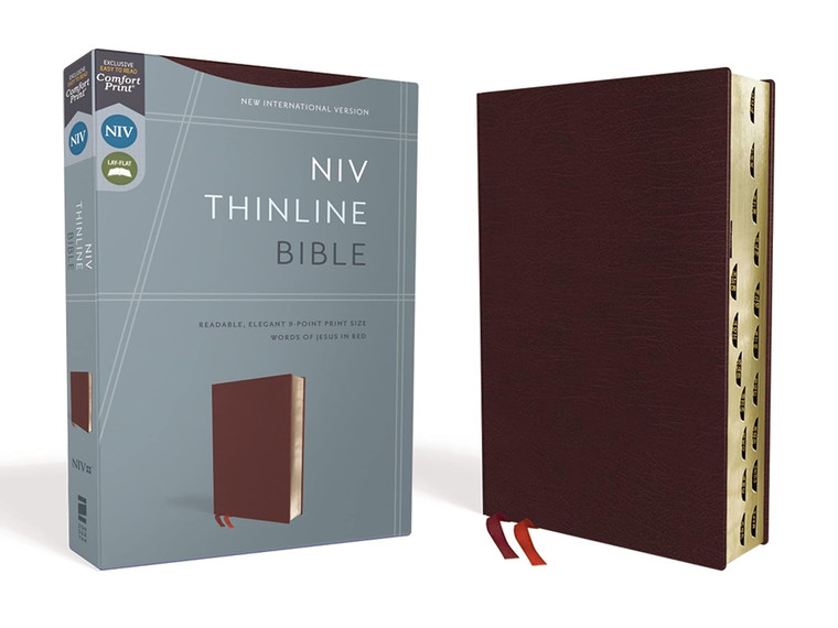 NIV, Thinline Bible, Bonded Leather, Burgundy, Red Letter, Thumb Index, Comfort Print