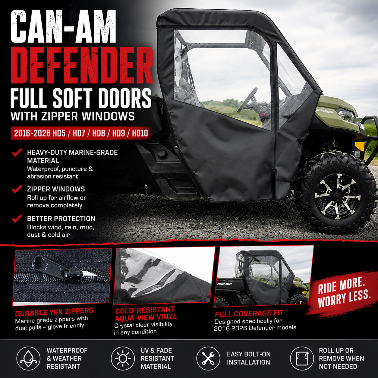 Can-Am Defender Full Soft Doors with Zipper Side Windows & Weather ...