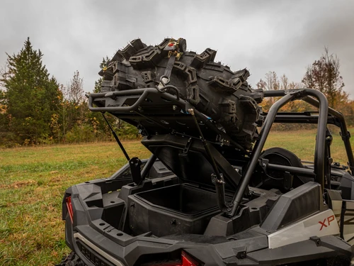 Polaris RZR XP Turbo & XP 4 Turbo Cargo Rack Alpha, Steel, Lifts on Gas Struts, Holds 35" Spare Tire