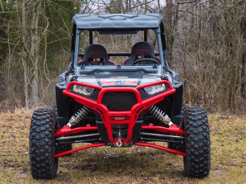 Polaris RZR XP Turbo & XP 4 Turbo Flip-Down Windshield, Full or Half in Seconds, Hard-Coated, No Drilling - Polaris RZR 1000 Flip Down Windshield flipped down straight on view.