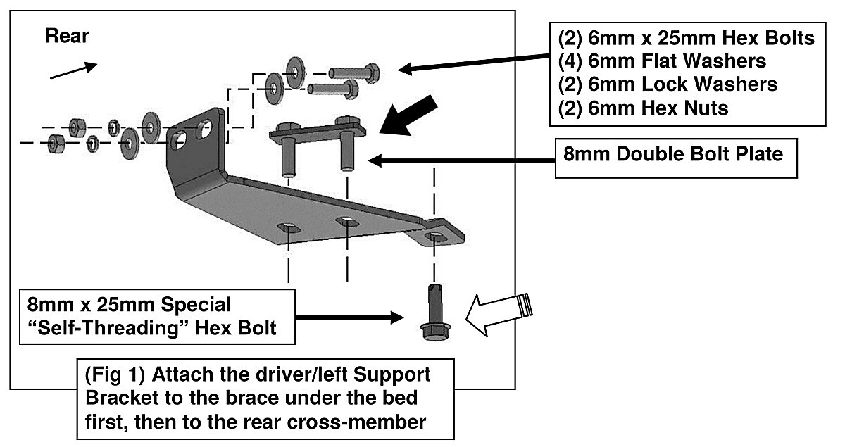 Driver-side support bracket with the 8mm double bolt plate installed