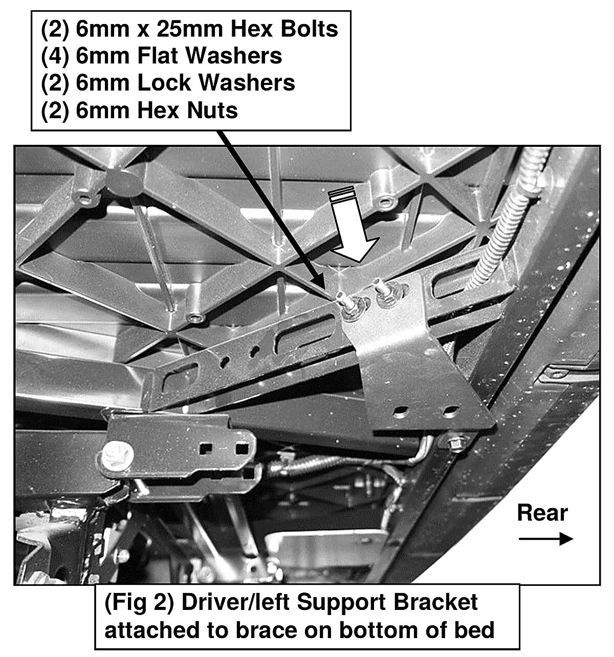 Support bracket bolted to the angled brace under the Ranger bed