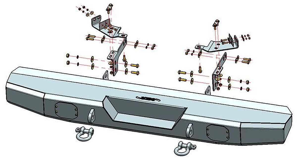 Exploded view of the Polaris Ranger XP 1000 rear bumper, brackets and hardware