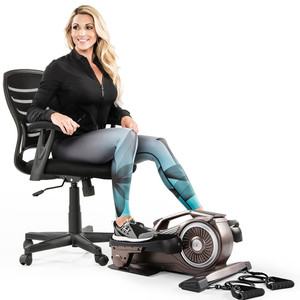 Bionic Body Compact Elliptical Trainer with Resistance Tubes in use by Kim Lyons while sitting