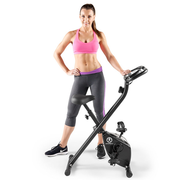 Model with the Marcy Foldable X Bike in Black NS-654 open