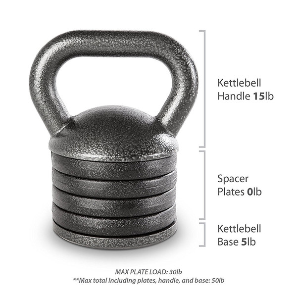 The 50 lbs. Apex Adjustable Kettle Bell comes with 20 lbs of weight and 4 spacer plates