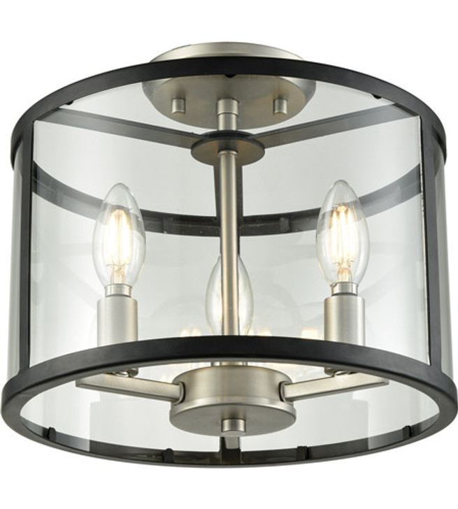 Downtown 3 Light Semi-Flush Mount Buffed Nickel and Graphite with Clear Glass Finish