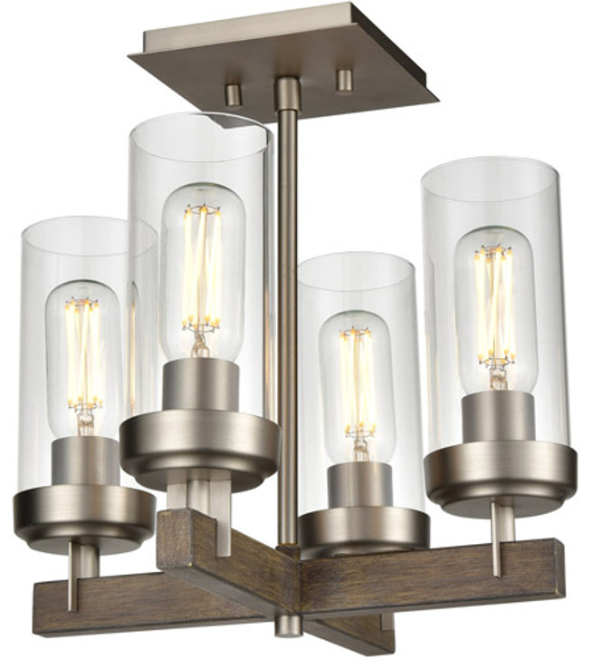 Okanagan 4 Light Semi-Flush Mount Buffed Nickel and Barnwood on Metal with Clear Glass Finish