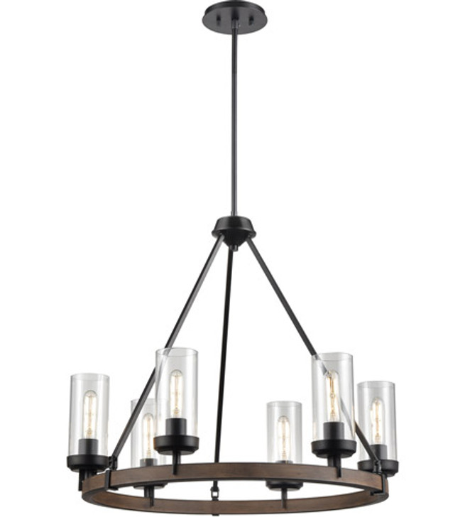 Okanagan 6 Light Chandelier Buffed Nickel and Barnwood on Metal with Clear Glass Finish