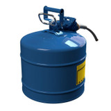 Justrite 5 Gal. Blue Steel Safety Can - Kerosene, with 5/8 in. Metal Hose, Front Facing Right Back Angle