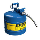 Justrite 5 Gal. Blue Steel Safety Can - Kerosene, with 5/8 in. Metal Hose, Front Facing Right Front Angle