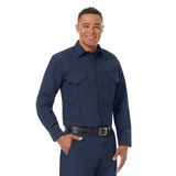 Workrite 4.5 oz. Nomex IIIA Long Sleeve Western Firefighter Shirt, Navy Blue, On Model Facing Right Front Angle