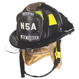 MSA Cairns N5A New Yorker Leather Fire Helmet, Black Helmet Facing Left Front Angle