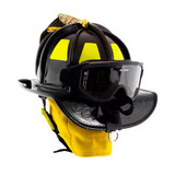 MSA Cairns N5A New Yorker Leather Fire Helmet, Black Helmet Facing Left Back Angle, Showing Back