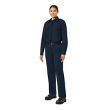 Workrite Midnight Navy 7.5 oz. Twill Nomex Blend Women's Classic Firefighter Pant, Worn with Long Sleeves, Facing Front Left Angle