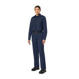 Workrite Navy 7.5 oz. Twill Nomex Blend Women's Classic Firefighter Pant, Worn with Long Sleeves, Facing Front Left Angle