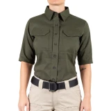 First Tactical 65/35% Poly/Cotton Women's V2 Tactical Short Sleeve Shirt - PFAS, OD Green