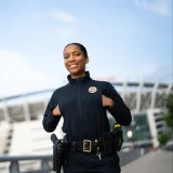 Flying Cross Women's DutyGuard Softshell Pullover, LAPD Navy, Hand Warmer Pockets in Use