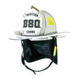 Cairns 880 Tradition Fire Helmet, white with Bourke's Eye Shield up with Black Nomex Earlaps
