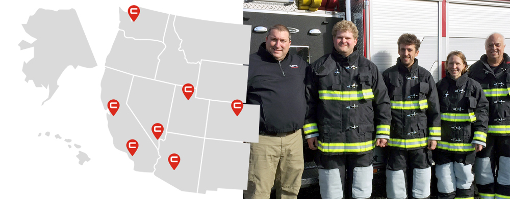 Western United States map icon, including Alaska and Hawaii. Curtis Sales Rep with firefighters in front of a fire truck.